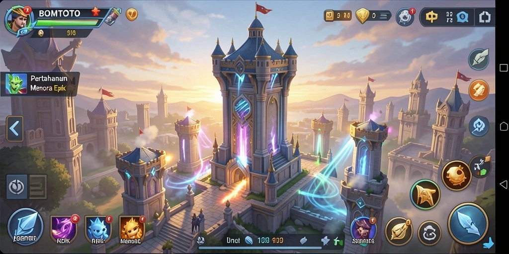 Tampilan gameplay <strong>BOMTOTO</strong> dengan menara yang berjuang melawan gelombang musuh.