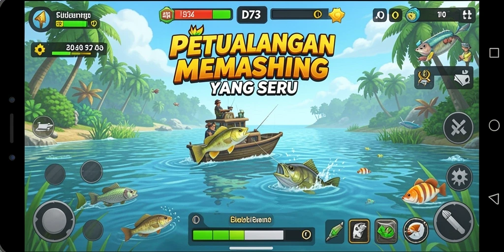 Screenshot D73 menampilkan pengalaman menangkap ikan yang seru.