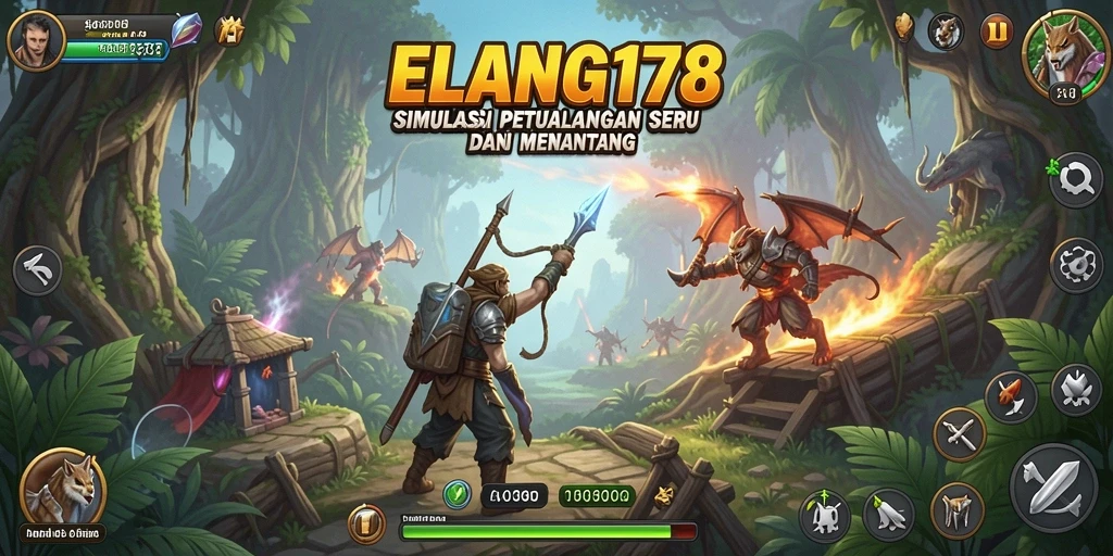 Screenshot gameplay ELANG178 yang menunjukkan lingkungan fantastis dan karakter yang beragam.