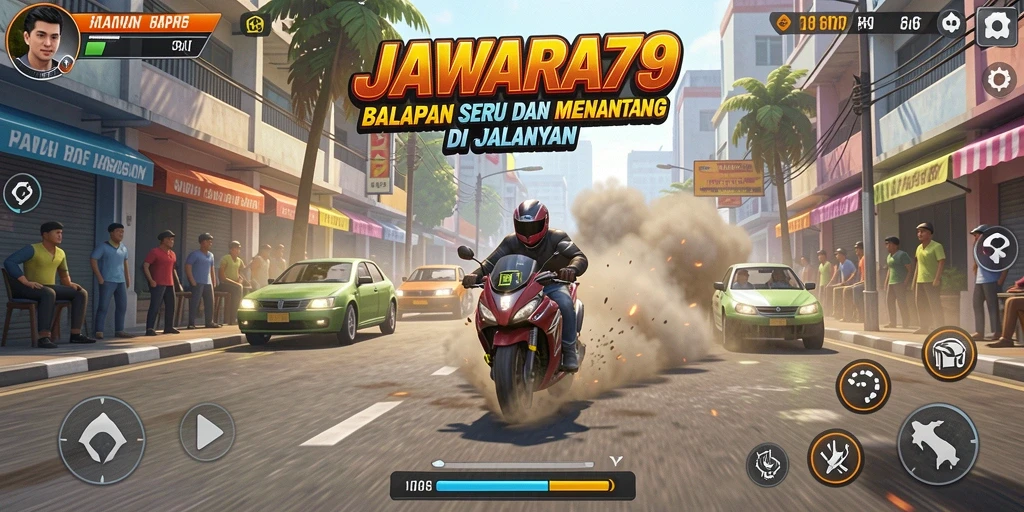 Screenshot JAWARA79 menampilkan balapan seru dengan mobil kencang.