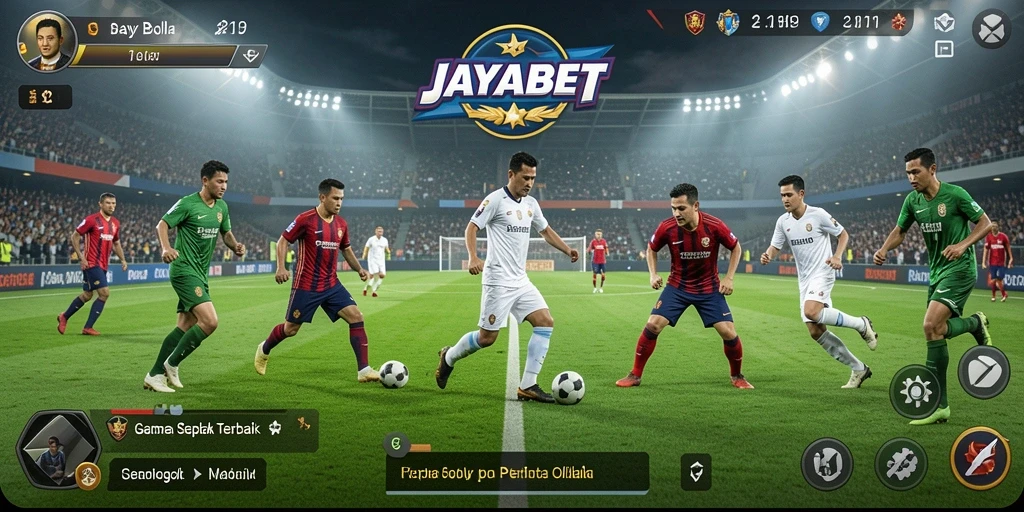 Screenshot menampilkan gameplay dinamis dalam JAYABET dengan aksi sepak bola yang seru.
