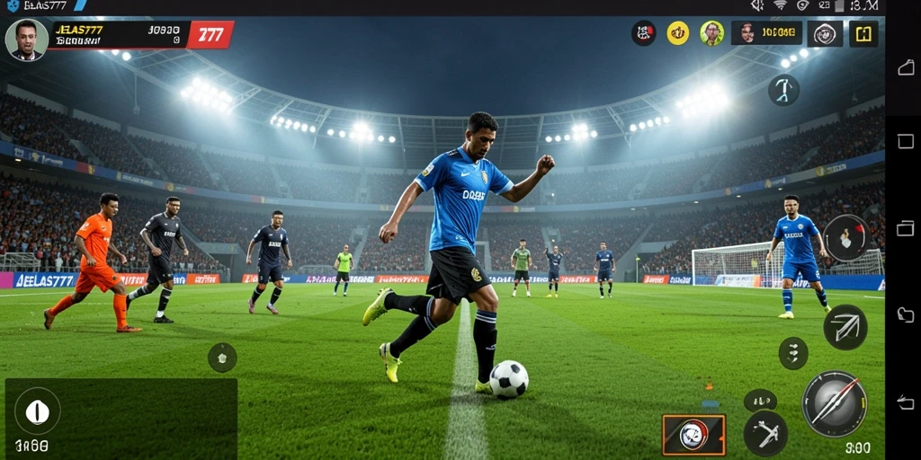 Screenshot gameplay JELAS777 dengan aksi sepak bola penuh semangat.