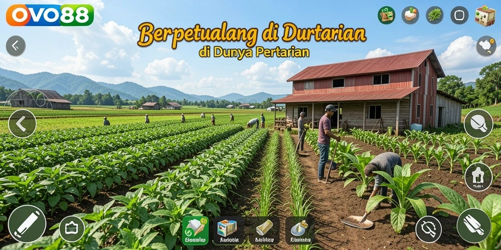 Screenshot OVO88 menampilkan ladang yang rimbun dan aktivitas panen yang seru.