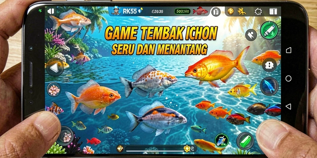 Tampilan gameplay seru dalam RK55 saat menembak ikan.